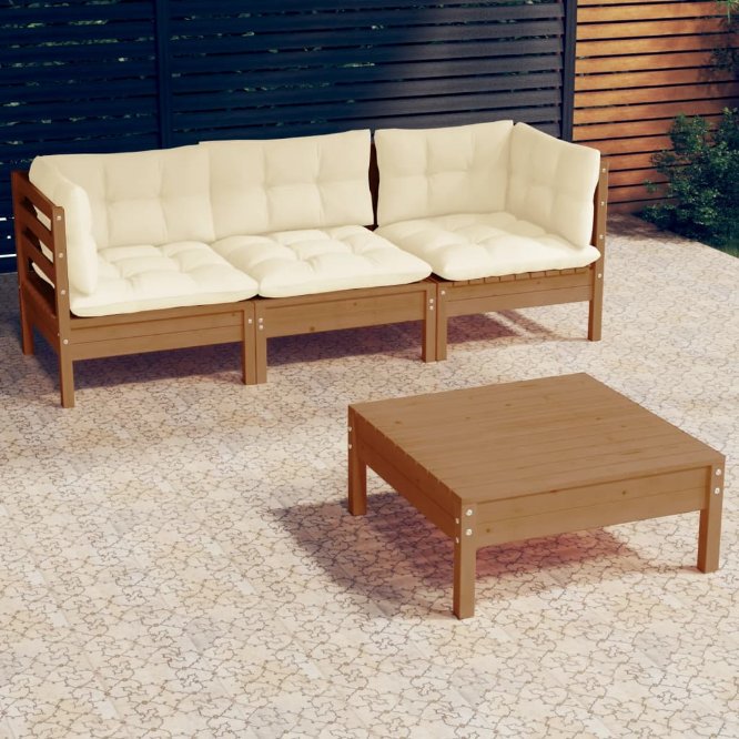 4-tlg. Garten-Lounge-Set mit Grauen Kissen Kiefernholz