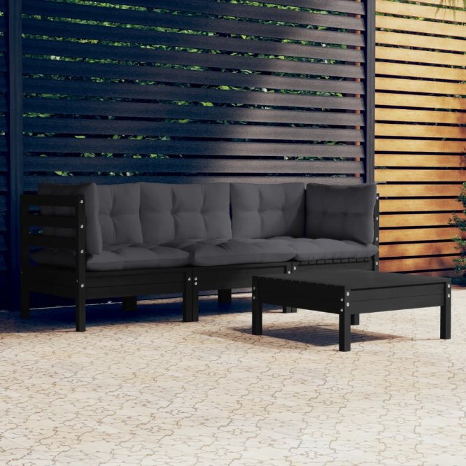 4-tlg. Garten-Lounge-Set mit Grauen Kissen Kiefernholz