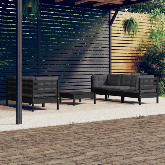 6-tlg. Garten-Lounge-Set mit Grauen Kissen Kiefernholz