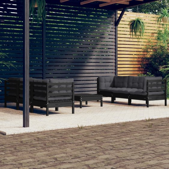 7-tlg. Garten-Lounge-Set mit Grauen Kissen Kiefernholz