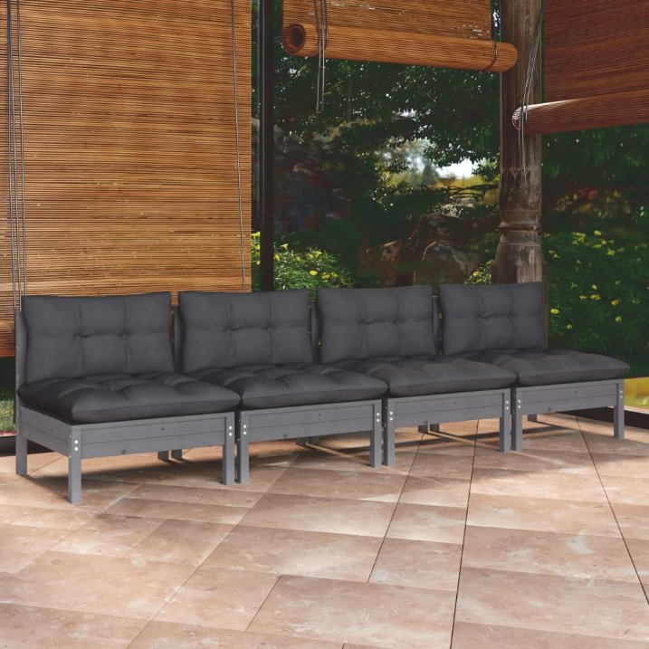 vidaXL 4-Sitzer-Gartensofa mit Grauen Kissen Massivholz Kiefer