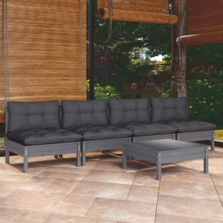 5-tlg. Garten-Lounge-Set mit Grauen Kissen Kiefernholz