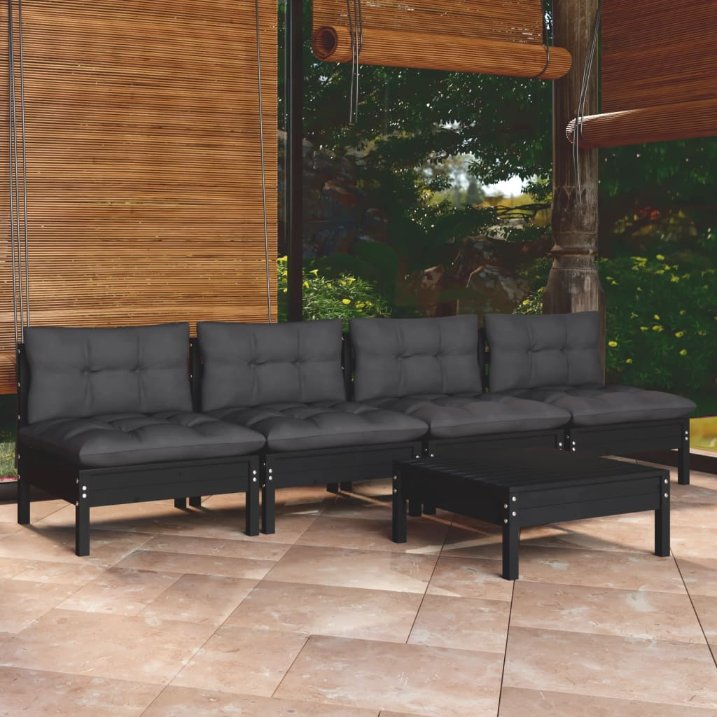 5-tlg. Garten-Lounge-Set mit Grauen Kissen Kiefernholz