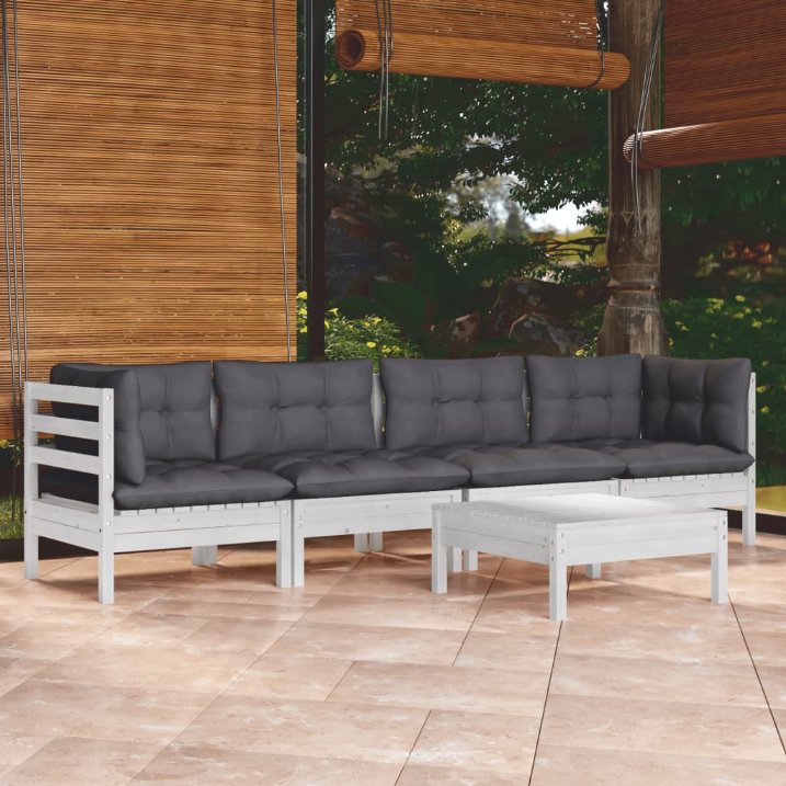 5-tlg. Garten-Lounge-Set mit Grauen Kissen Kiefer Massivholz