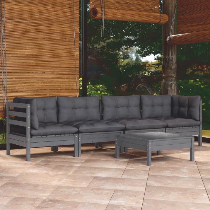 5-tlg. Garten-Lounge-Set mit Grauen Kissen Kiefer Massivholz