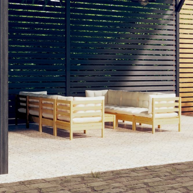 9-tlg. Garten-Lounge-Set mit Grauen Kissen Kiefer Massivholz