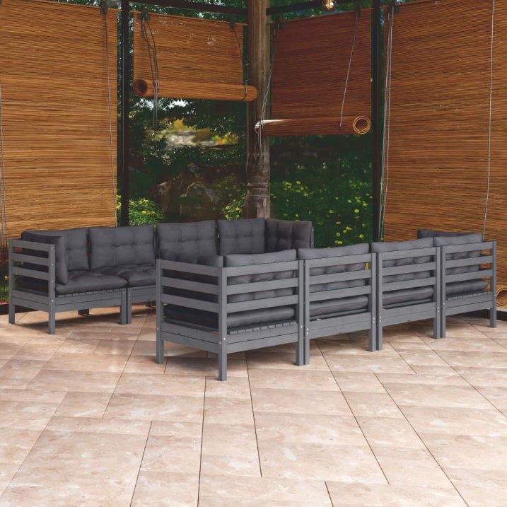 9-tlg. Garten-Lounge-Set mit Grauen Kissen Kiefer Massivholz