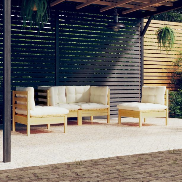 4-tlg. Garten-Lounge-Set mit Grauen Kissen Kiefer Massivholz