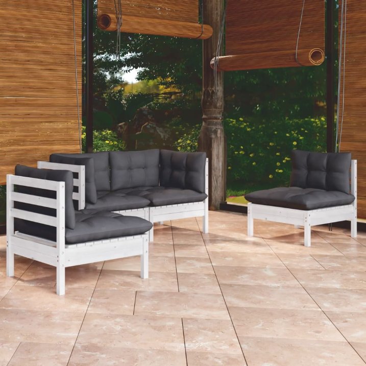4-tlg. Garten-Lounge-Set mit Grauen Kissen Kiefer Massivholz