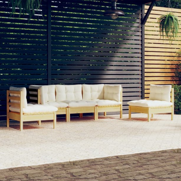 5-tlg. Garten-Lounge-Set mit Grauen Kissen Kiefer Massivholz