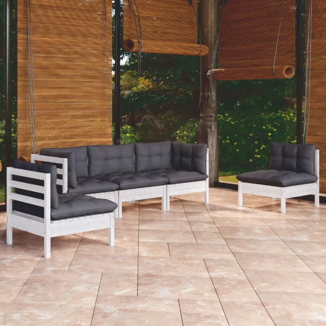 5-tlg. Garten-Lounge-Set mit Grauen Kissen Kiefer Massivholz