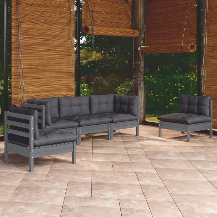 5-tlg. Garten-Lounge-Set mit Grauen Kissen Kiefer Massivholz