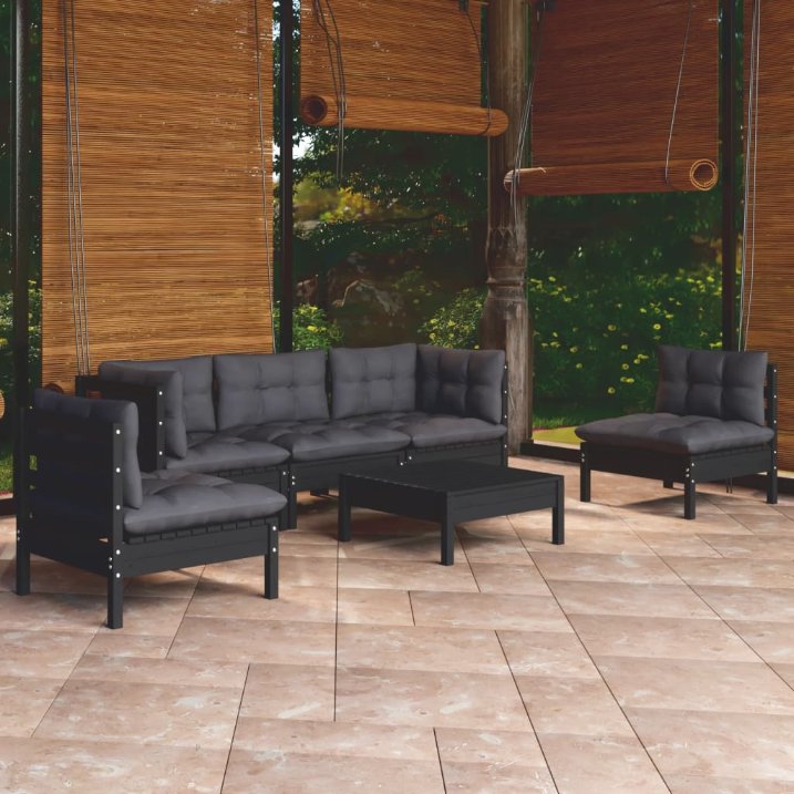 6-tlg. Garten-Lounge-Set mit Grauen Kissen Kiefer Massivholz