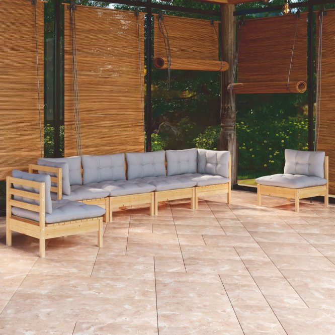 6-tlg. Garten-Lounge-Set mit Grauen Kissen Kiefer Massivholz