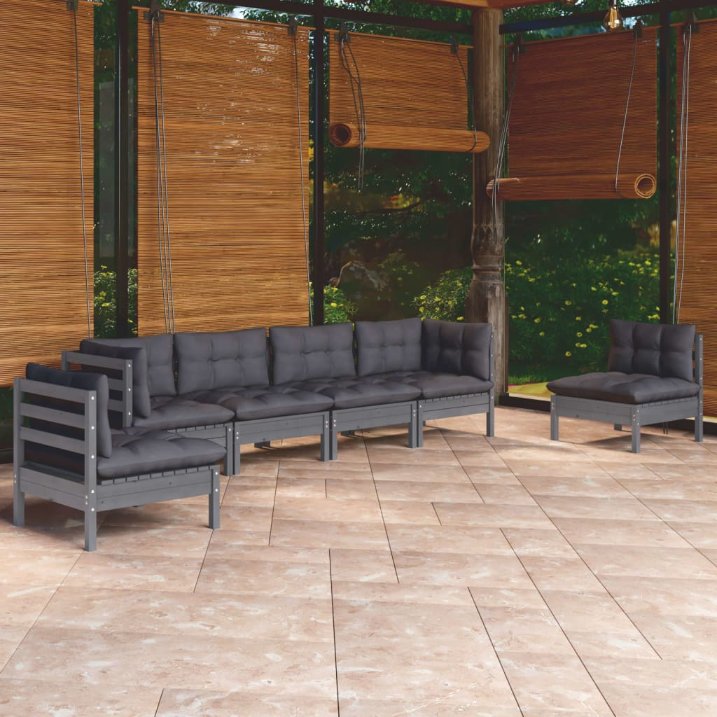 6-tlg. Garten-Lounge-Set mit Grauen Kissen Kiefer Massivholz
