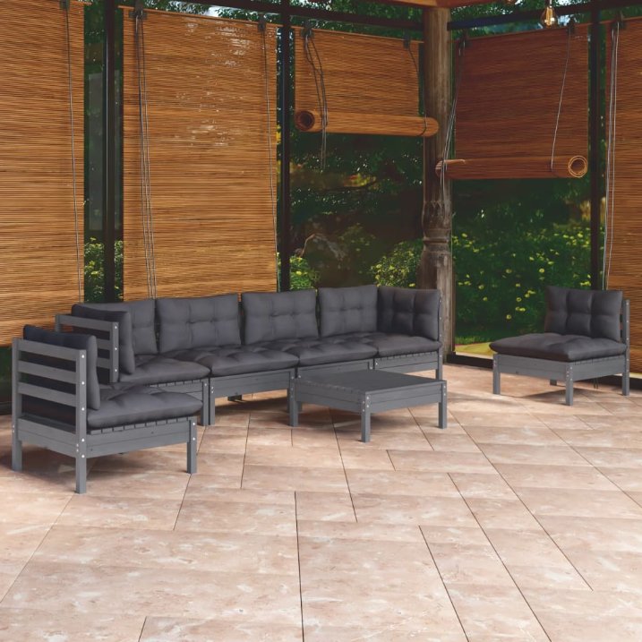 7-tlg. Garten-Lounge-Set mit Grauen Kissen Kiefer Massivholz