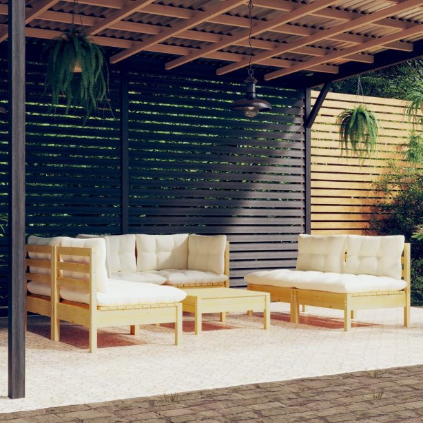 7-tlg. Garten-Lounge-Set mit Grauen Kissen Kiefer Massivholz
