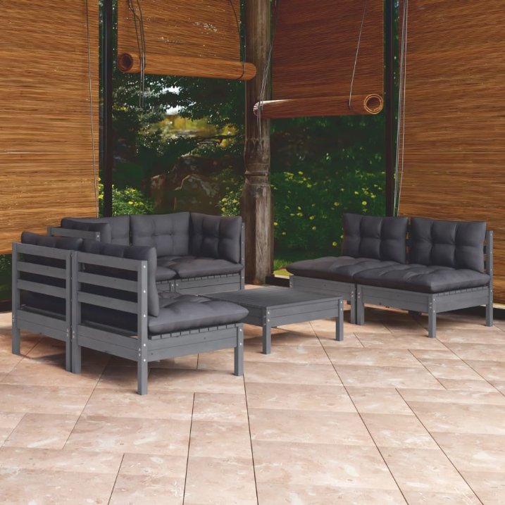 7-tlg. Garten-Lounge-Set mit Grauen Kissen Kiefer Massivholz