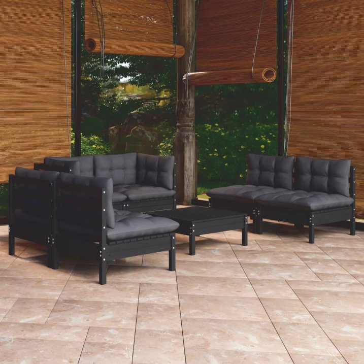7-tlg. Garten-Lounge-Set mit Grauen Kissen Kiefer Massivholz