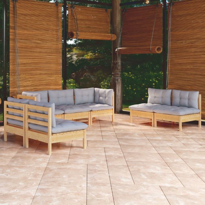 7-tlg. Garten-Lounge-Set mit Grauen Kissen Kiefer Massivholz