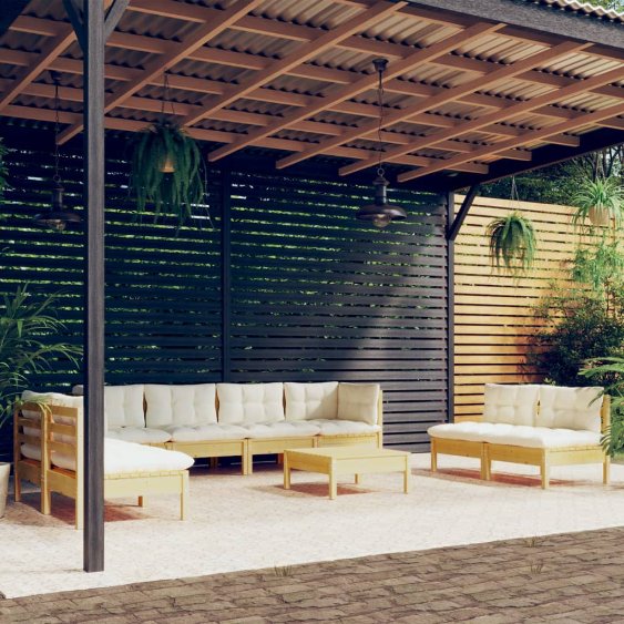 9-tlg. Garten-Lounge-Set mit Grauen Kissen Kiefer Massivholz