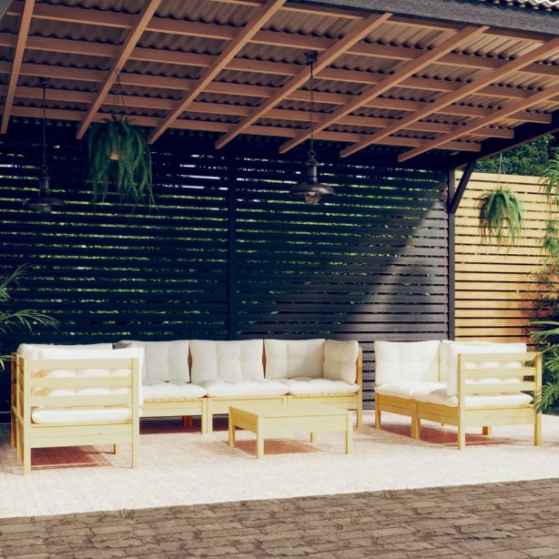 8-tlg. Garten-Lounge-Set mit Grauen Kissen Kiefer Massivholz