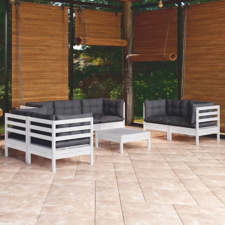 8-tlg. Garten-Lounge-Set mit Grauen Kissen Kiefer Massivholz