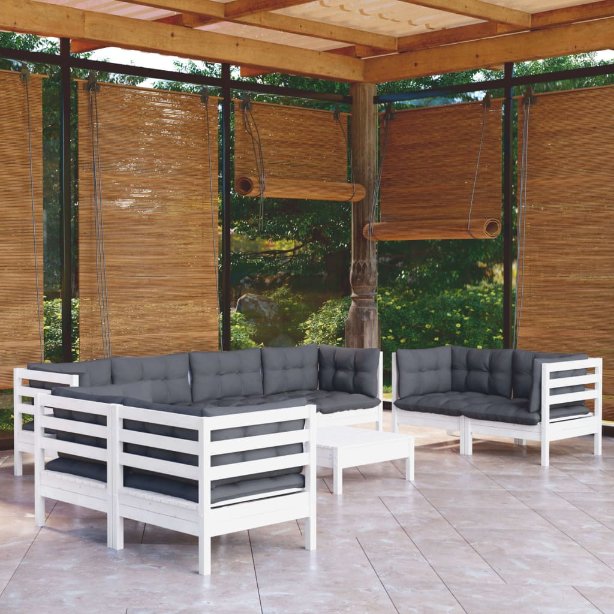 9-tlg. Garten-Lounge-Set mit Grauen Kissen Kiefer Massivholz