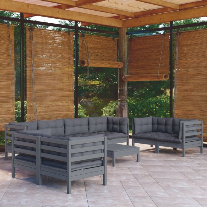 9-tlg. Garten-Lounge-Set mit Grauen Kissen Kiefer Massivholz