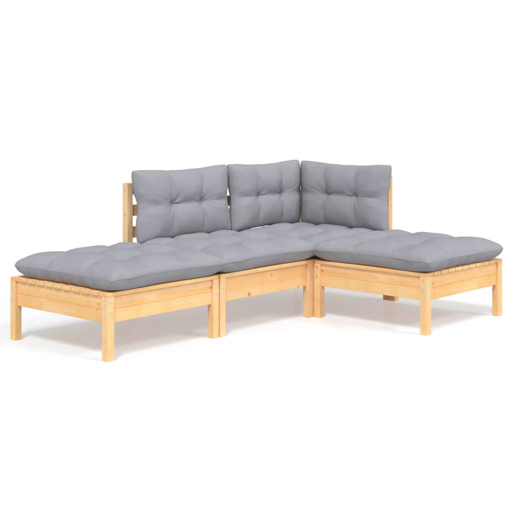 4-tlg. Garten-Lounge-Set mit Grauen Kissen Kiefer Massivholz