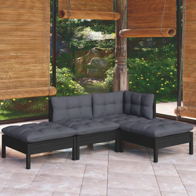 4-tlg. Garten-Lounge-Set mit Grauen Kissen Kiefer Massivholz
