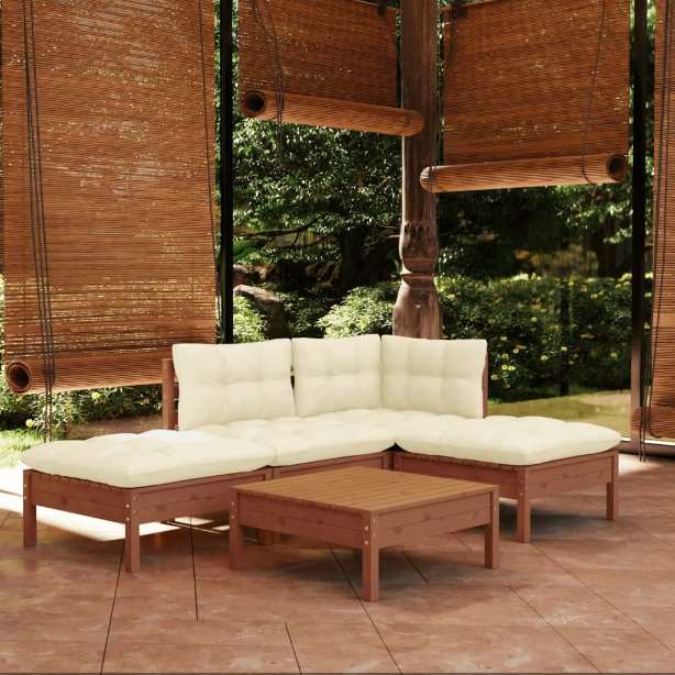 5-tlg. Garten-Lounge-Set mit Grauen Kissen Kiefernholz