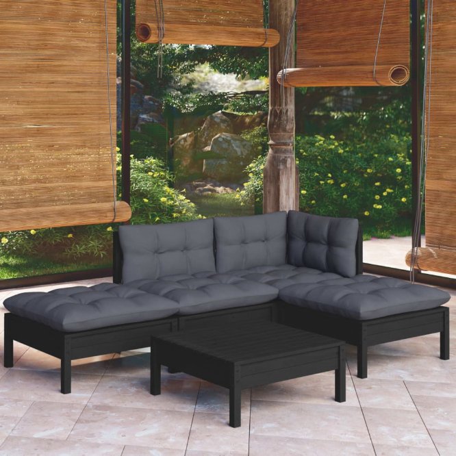 5-tlg. Garten-Lounge-Set mit Grauen Kissen Kiefernholz