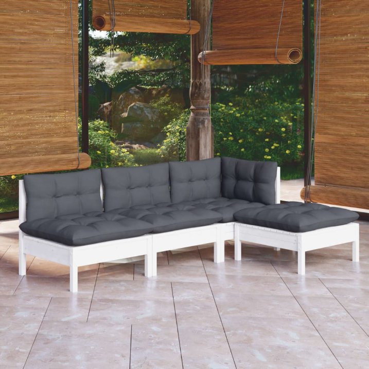 4-tlg. Garten-Lounge-Set mit Grauen Kissen Kiefernholz