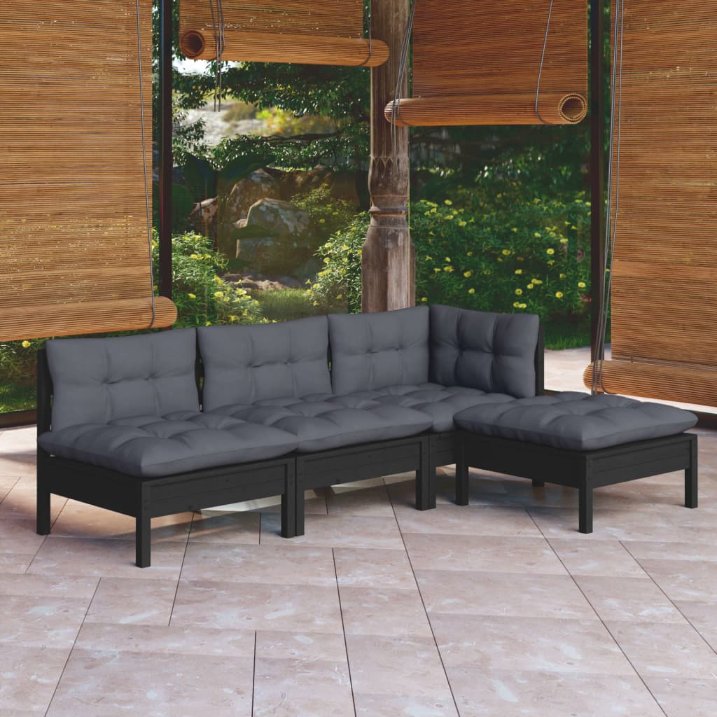 4-tlg. Garten-Lounge-Set mit Grauen Kissen Kiefernholz