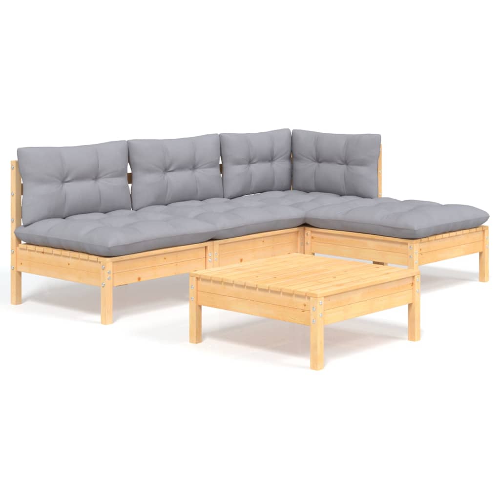 5-tlg. Garten-Lounge-Set mit Grauen Kissen Kiefernholz