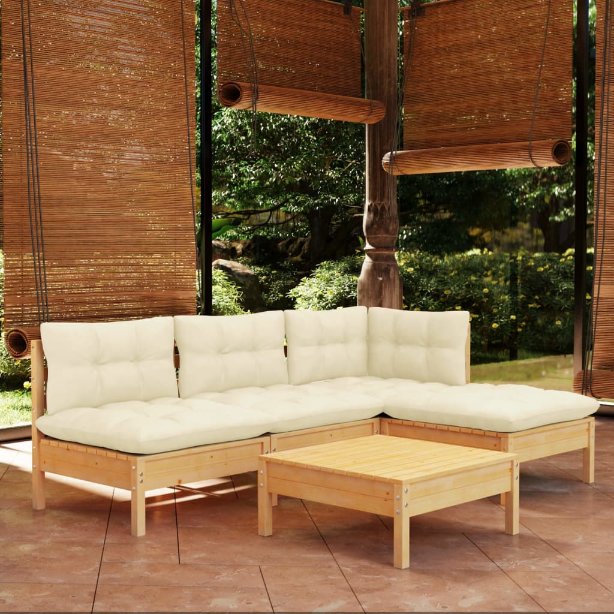 5-tlg. Garten-Lounge-Set mit Grauen Kissen Kiefernholz