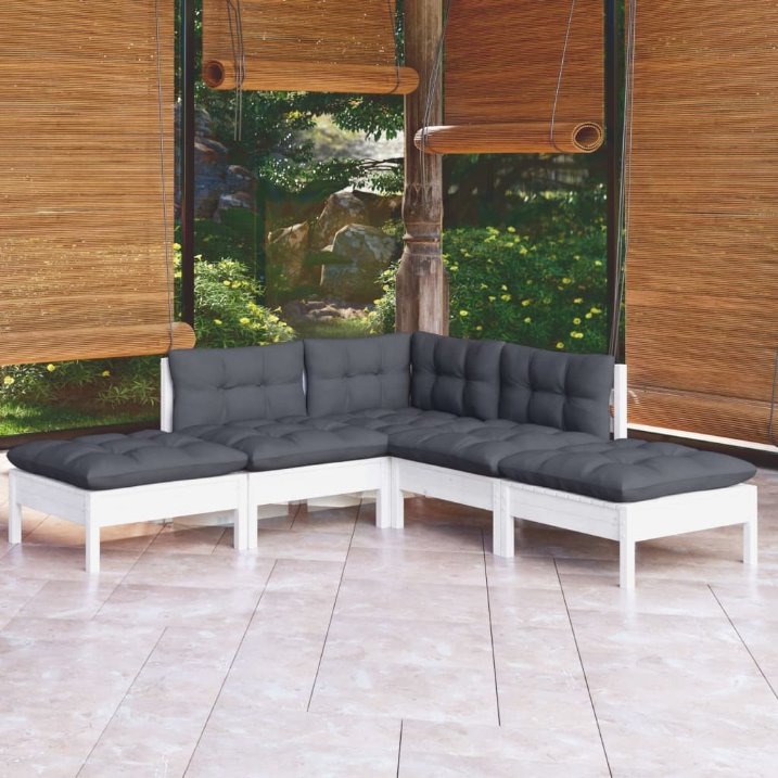 5-tlg. Garten-Lounge-Set mit Grauen Kissen Kiefernholz