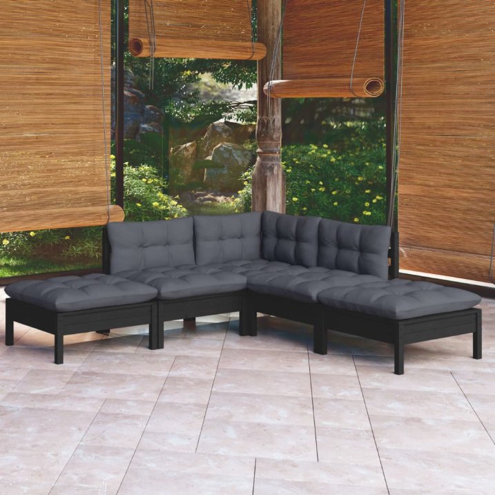5-tlg. Garten-Lounge-Set mit Grauen Kissen Kiefernholz