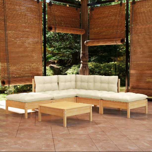 6-tlg. Garten-Lounge-Set mit Grauen Kissen Kiefernholz