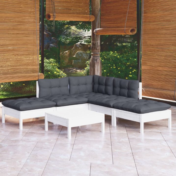 6-tlg. Garten-Lounge-Set mit Grauen Kissen Kiefernholz