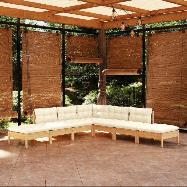 7-tlg. Garten-Lounge-Set mit Grauen Kissen Kiefernholz