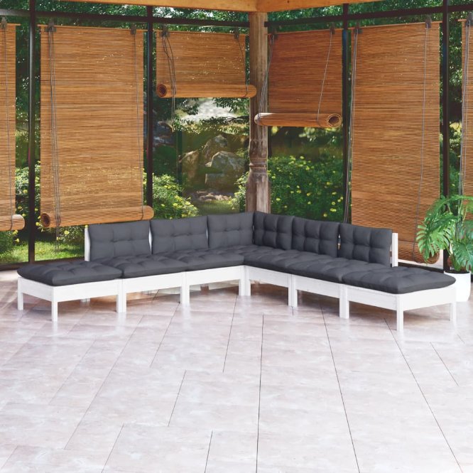 7-tlg. Garten-Lounge-Set mit Grauen Kissen Kiefernholz