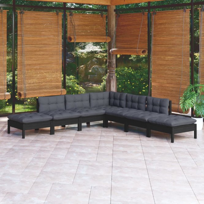 7-tlg. Garten-Lounge-Set mit Grauen Kissen Kiefernholz