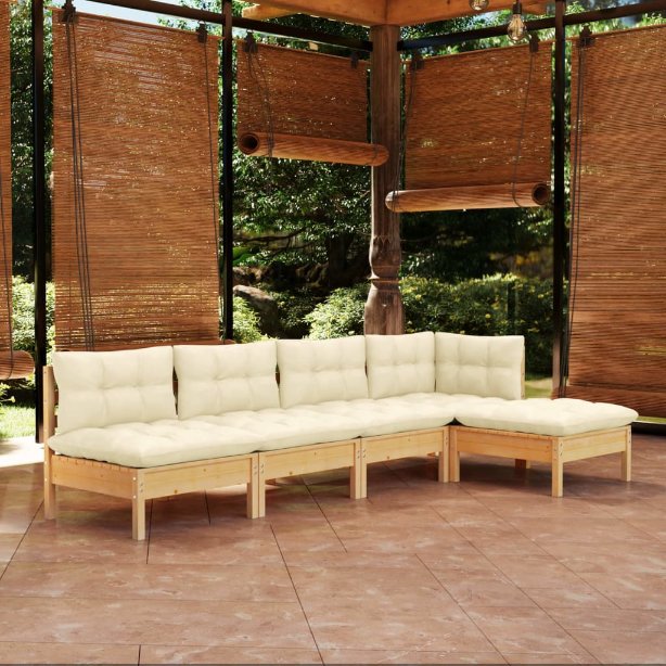 5-tlg. Garten-Lounge-Set mit Grauen Kissen Kiefernholz