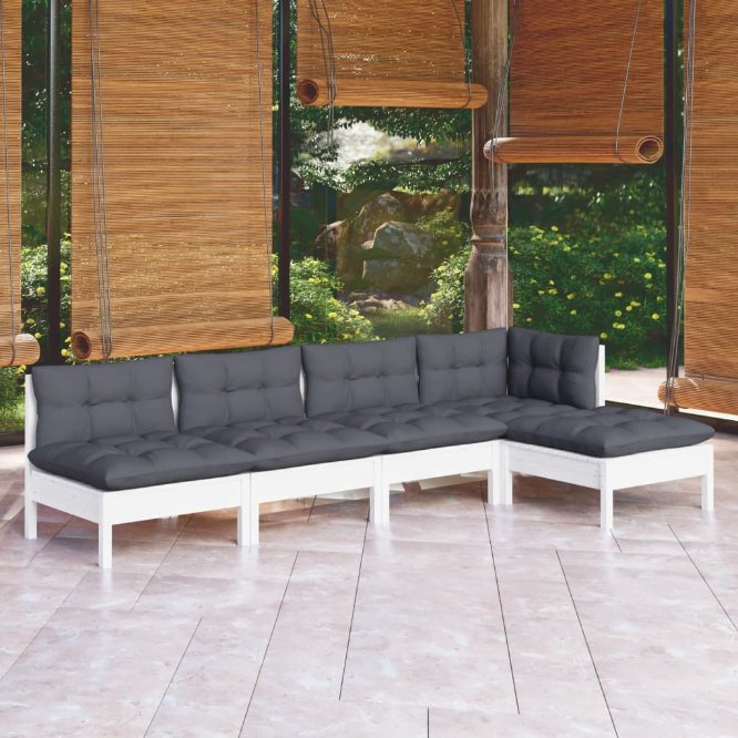 5-tlg. Garten-Lounge-Set mit Grauen Kissen Kiefernholz