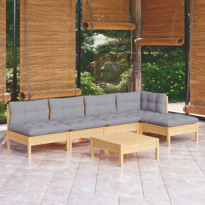 6-tlg. Garten-Lounge-Set mit Grauen Kissen Kiefernholz