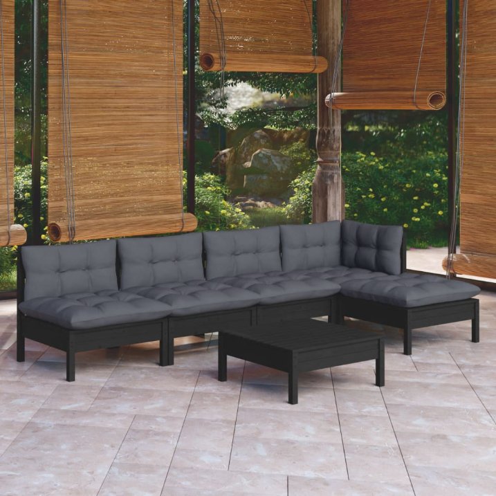 6-tlg. Garten-Lounge-Set mit Grauen Kissen Kiefernholz
