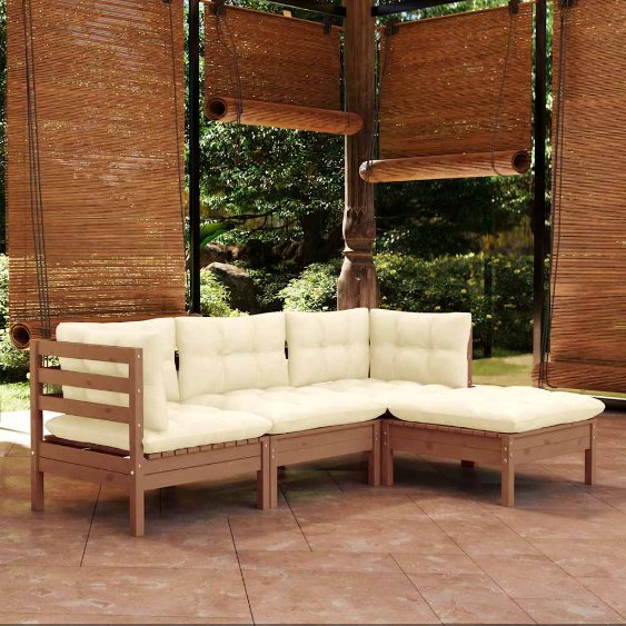 4-tlg. Garten-Lounge-Set mit Grauen Kissen Kiefernholz