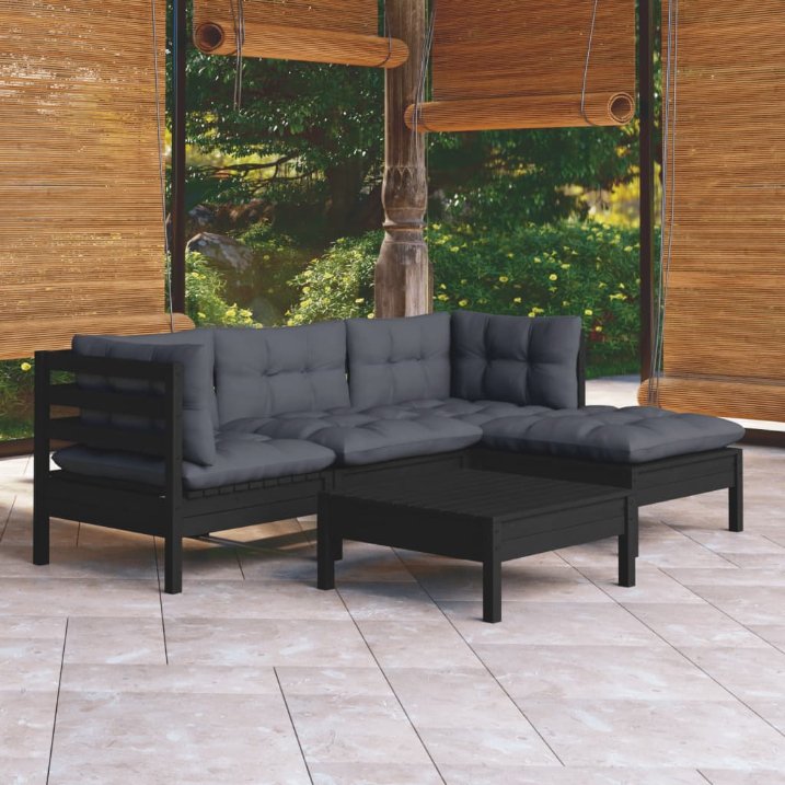 5-tlg. Garten-Lounge-Set mit Grauen Kissen Kiefernholz